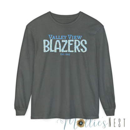 Valley View Blazers Long Sleeve T-Shirt. Blue Leopard Letters