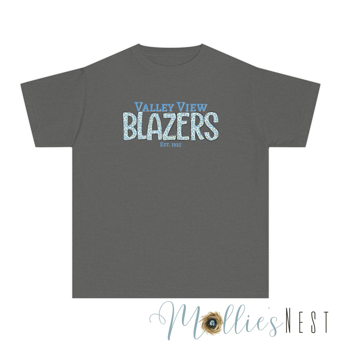 Valley View Blazers Youth Tee. Leopard Letters. Est.1925