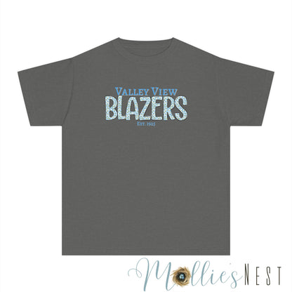 Valley View Blazers Youth Tee. Leopard Letters. Est.1925