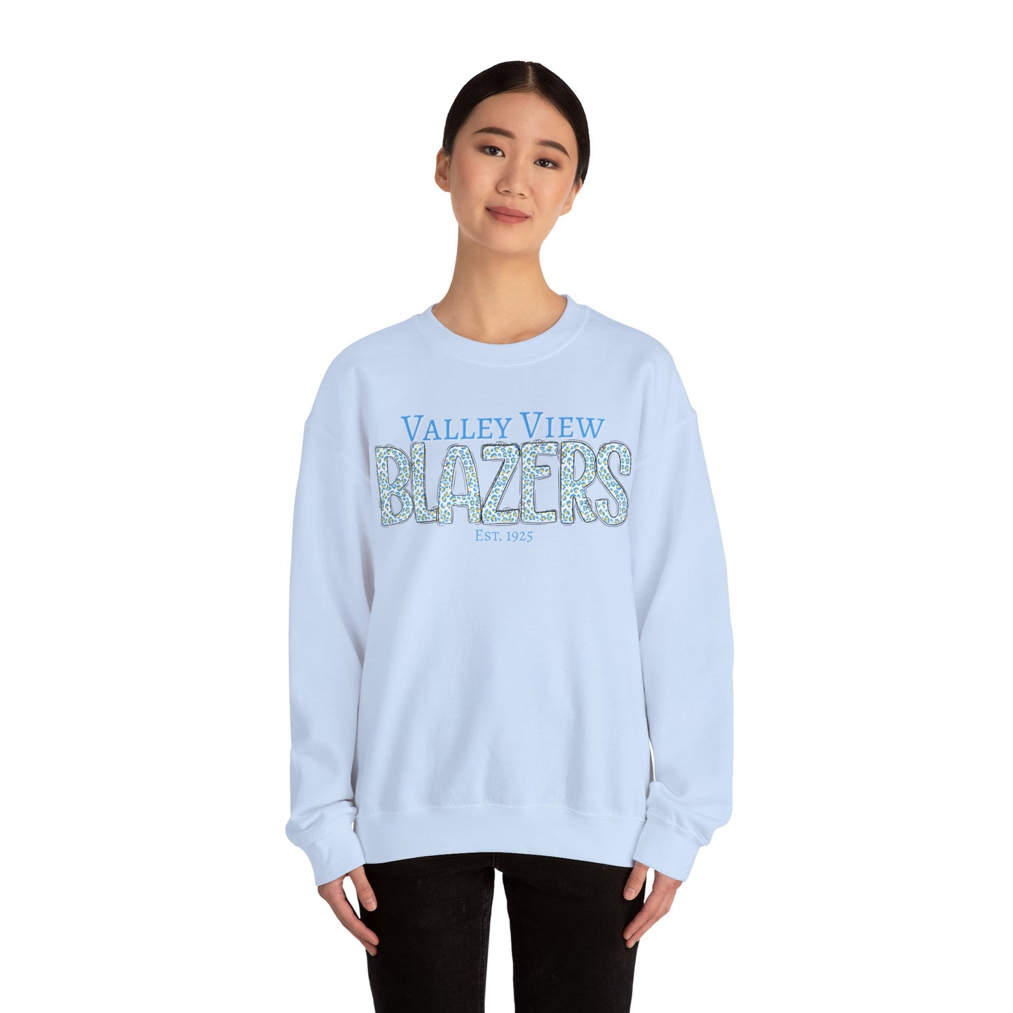 Valley View Blazers Crewneck Sweatshirt. Classic Blue Leopard