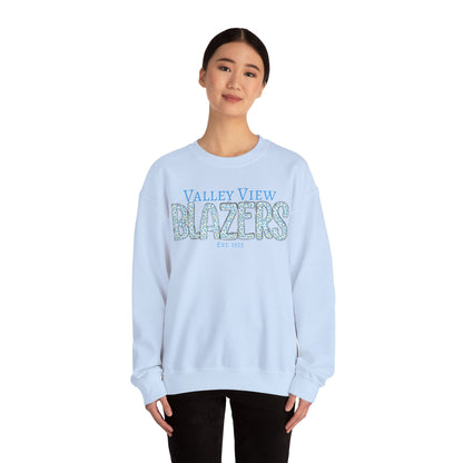 Valley View Blazers Crewneck Sweatshirt. Classic Blue Leopard
