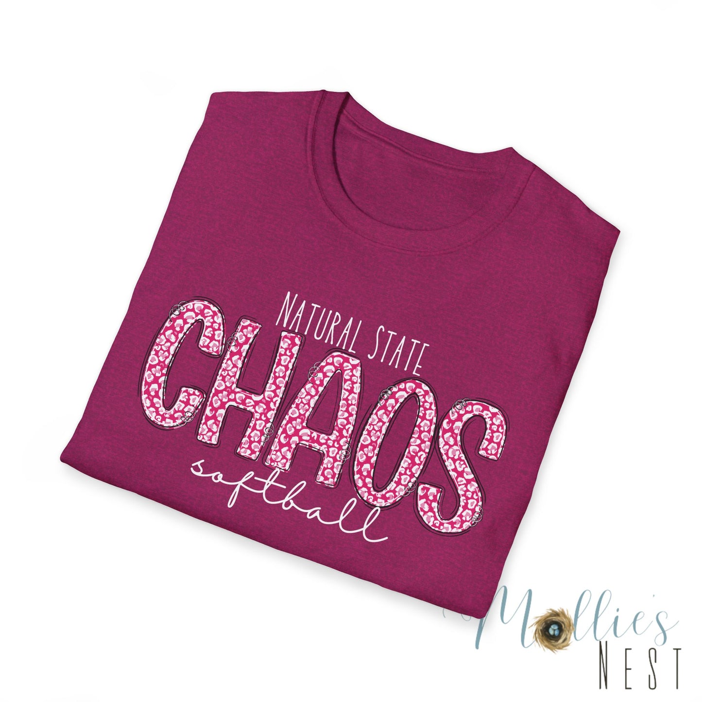 Chaos Softball T-Shirt — "Natural State Chaos" Pink Leopard Softball Tee