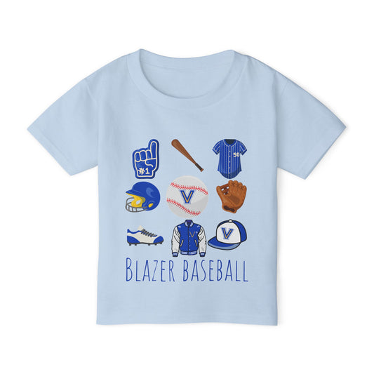 Toddler Baseball Tee — "Blazer Baseball" Team Gear (Blue Helmet, Glove & Bat). Valley View Baseball