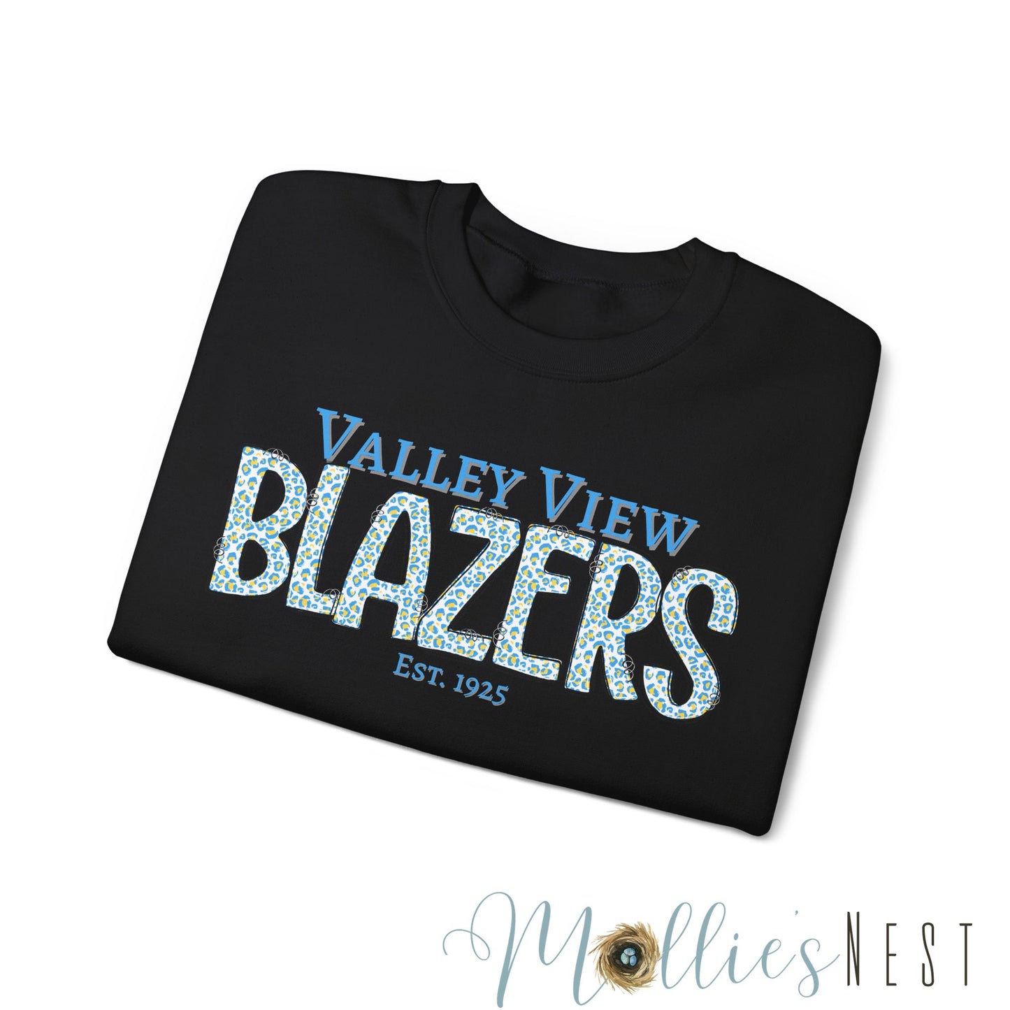 Valley View Blazers Crewneck Sweatshirt. Classic Blue Leopard