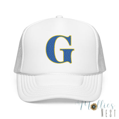 Embroidered Blue & Gold 'G' Trucker Hat — Monogram Letter Foam Cap - Gosnell