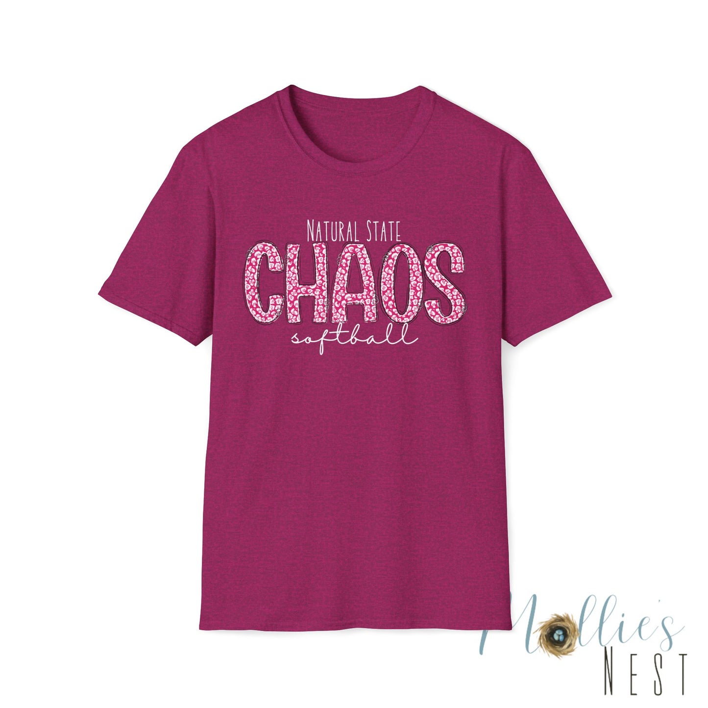 Chaos Softball T-Shirt — "Natural State Chaos" Pink Leopard Softball Tee