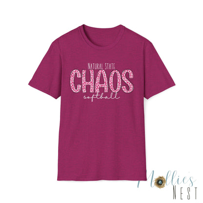 Chaos Softball T-Shirt — "Natural State Chaos" Pink Leopard Softball Tee