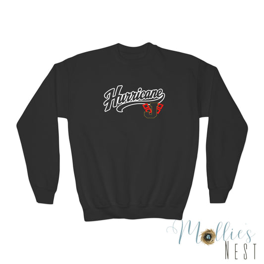 YOUTH. Hurricane Crewneck Sweatshirt — Varsity Script with Mascot