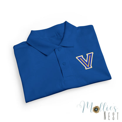 YOUTH. Valley View Polo Shirt with Gold & Blue 'V' LOGO - School Spirit DryBlend® - Printed (NOT EMBROIDERED)