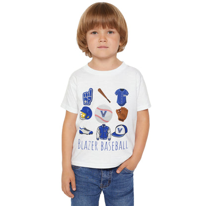 Toddler Baseball Tee — "Blazer Baseball" Team Gear (Blue Helmet, Glove & Bat). Valley View Baseball