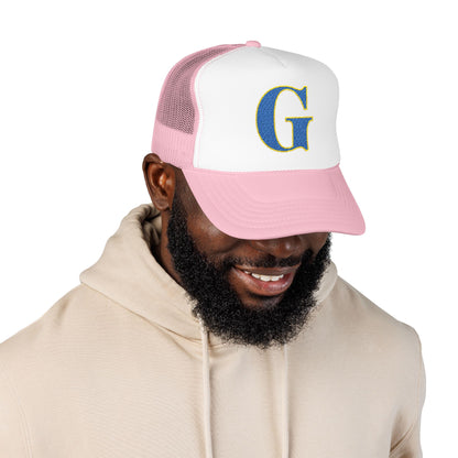 Embroidered Blue & Gold 'G' Trucker Hat — Monogram Letter Foam Cap - Gosnell