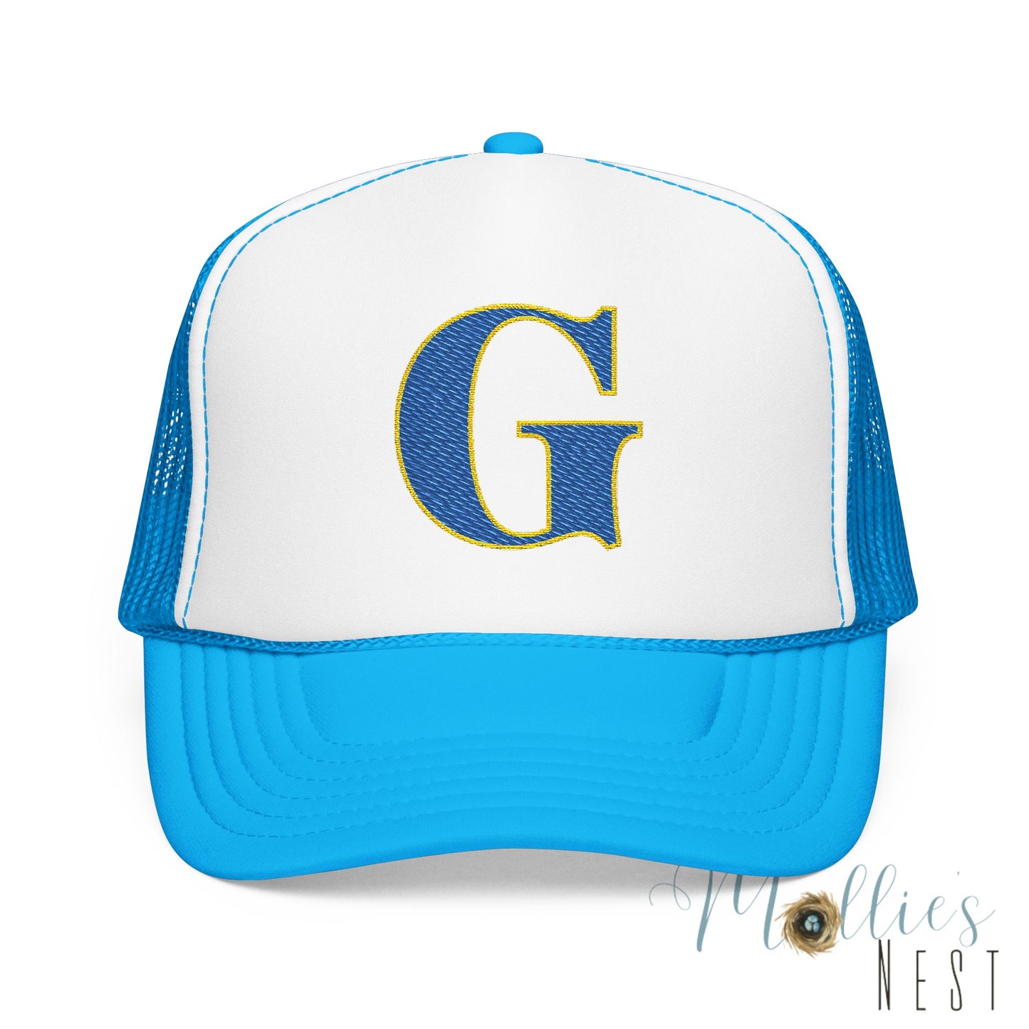 Embroidered Blue & Gold 'G' Trucker Hat — Monogram Letter Foam Cap - Gosnell