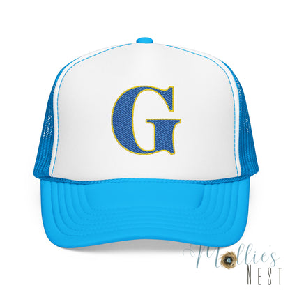 Embroidered Blue & Gold 'G' Trucker Hat — Monogram Letter Foam Cap - Gosnell
