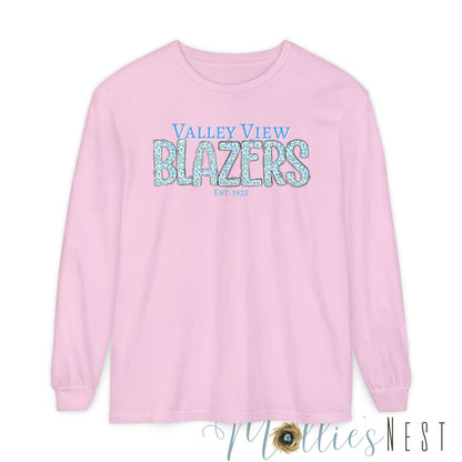 Valley View Blazers Long Sleeve T-Shirt. Blue Leopard Letters