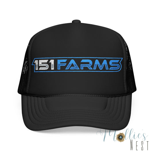 151 Farms Trucker Hat — Embroidered Blue Logo Foam Cap