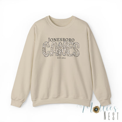 Jonesboro Canes Leopard Print Crewneck Sweatshirt. ADULT