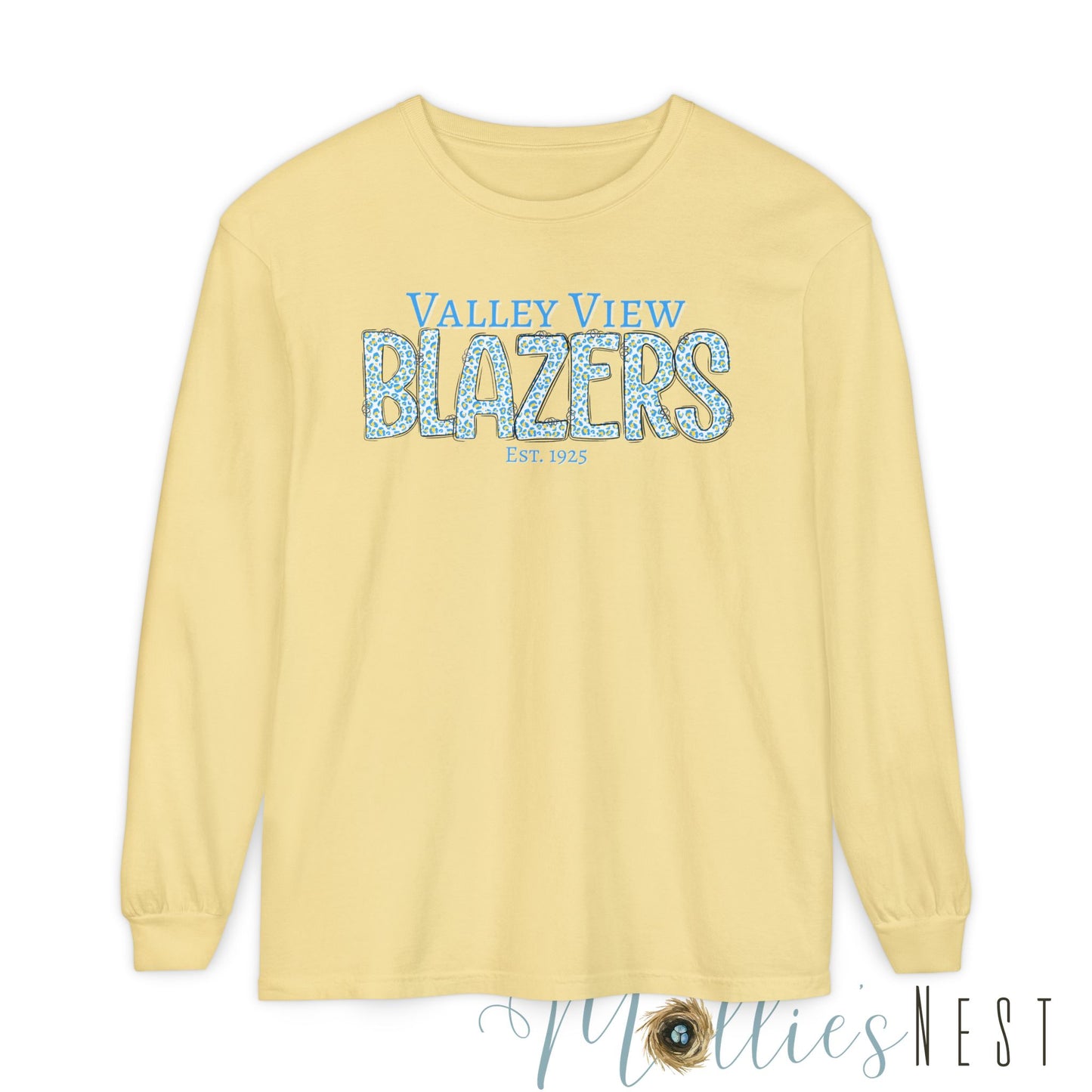 Valley View Blazers Long Sleeve T-Shirt. Blue Leopard Letters