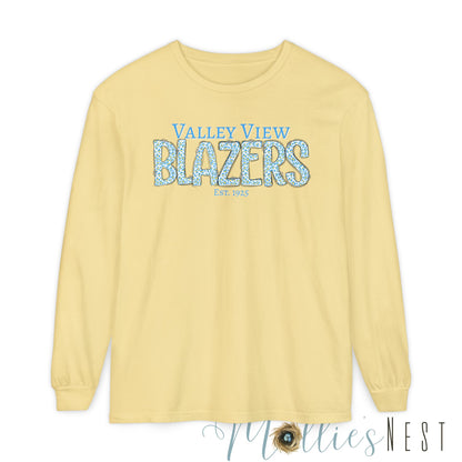 Valley View Blazers Long Sleeve T-Shirt. Blue Leopard Letters