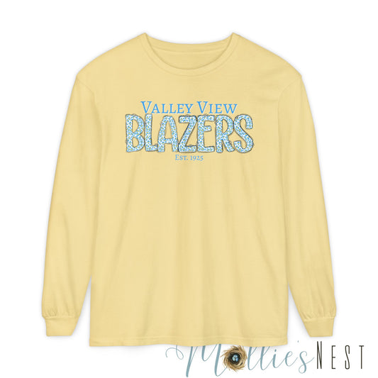 Valley View Blazers Long Sleeve T-Shirt. Blue Leopard Letters