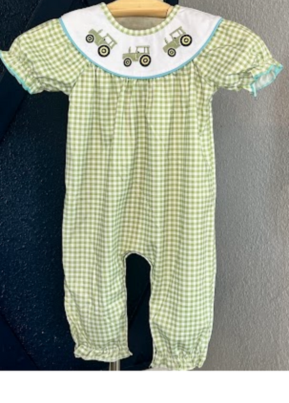 Green Tractor Rompers