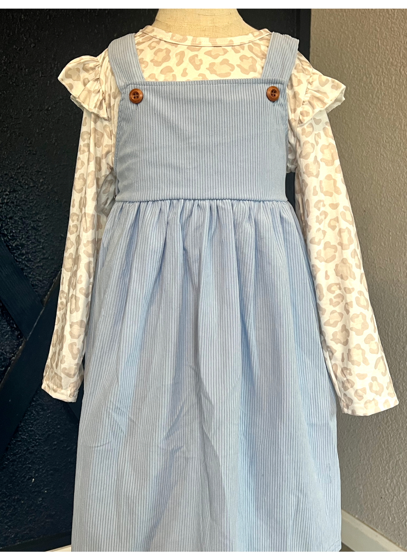 2 piece set - Blue corduroy dress and leopard shirt
