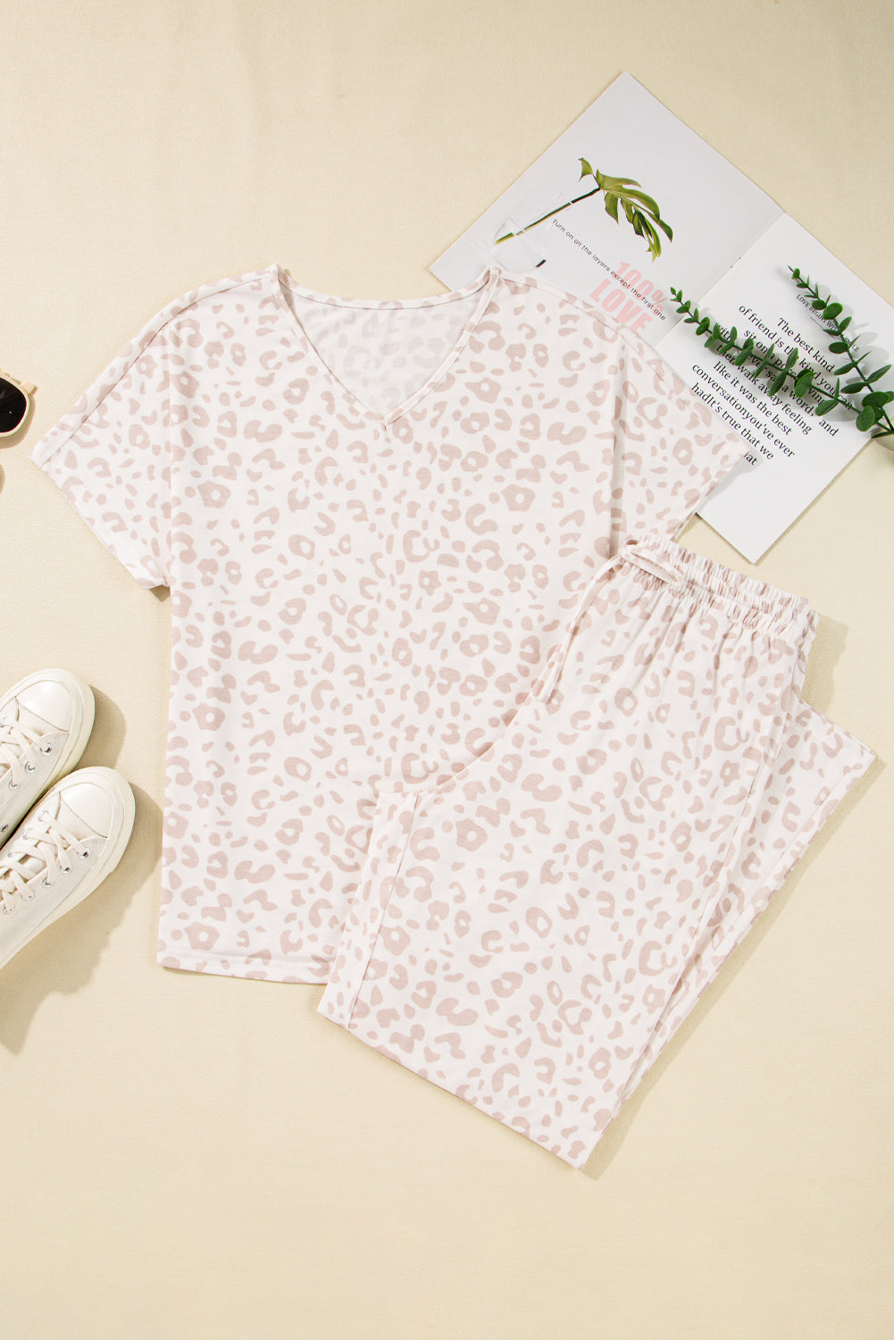 Beige Leopard V-neck Lounge Set