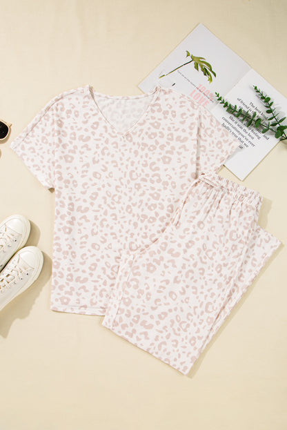 Beige Leopard V-neck Lounge Set