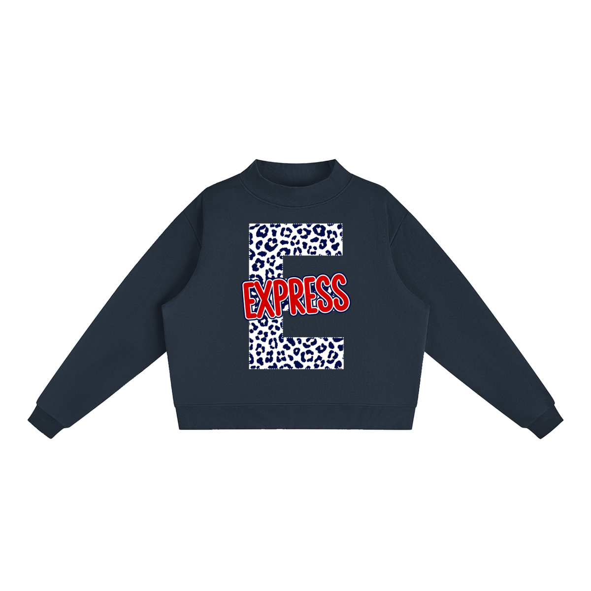 Express Baseabll. "E" Leopard Fleece Mock-Neck Crew Sweatshirt
