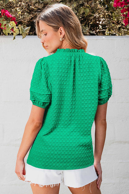 Green Puff Short Sleeve Notched V Neck Top